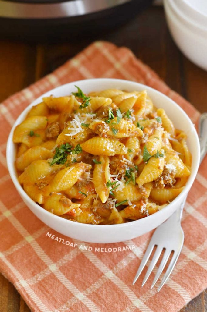 bowl of pasta shells and ground beef in creamy sauce