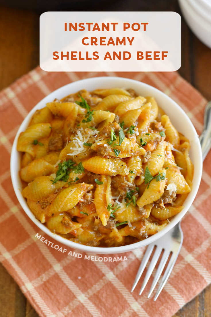 Instant Pot Creamy Shells and Beef is an easy pressure cooker dinner recipe made with ground beef and pasta in a tomato cream sauce. Perfect for busy days! via @meamel