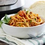 instant pot spaghetti and meat sauce in white bowl