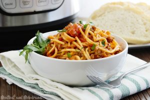 instant pot spaghetti and meat sauce in white bowl