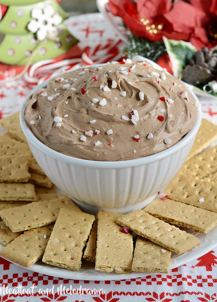 peppermint mocha dessert dip in white bowl with graham crackers
