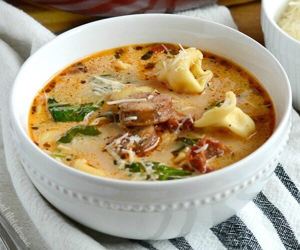 easy chicken sausage tortellini soup in bowl