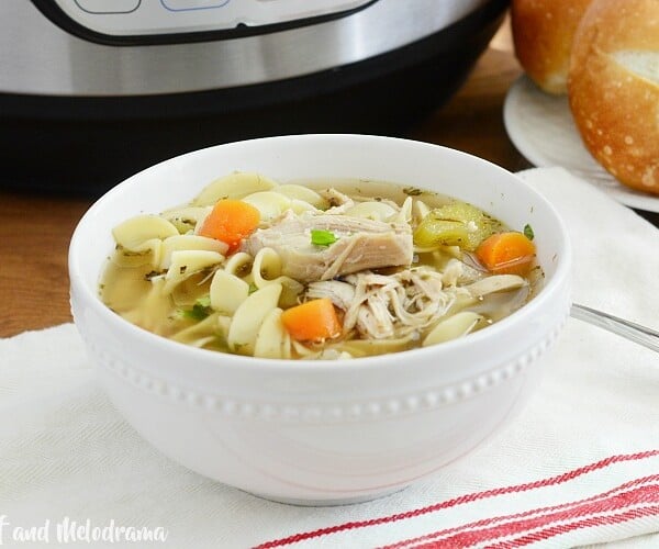 instant pot chicken noodle soup in white bowl