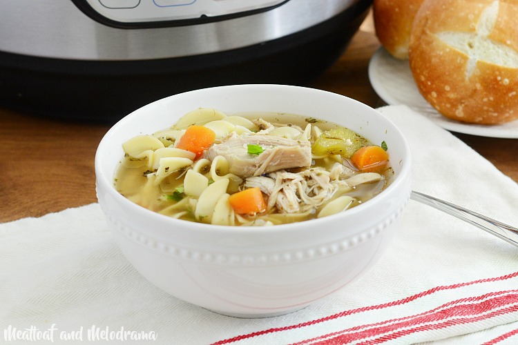 instant pot chicken noodle soup in white bowl