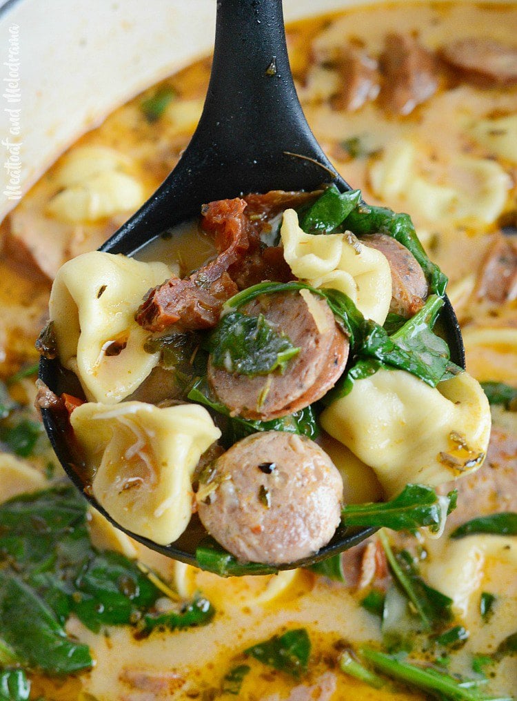 easy chicken sausage tortellini soup in ladle