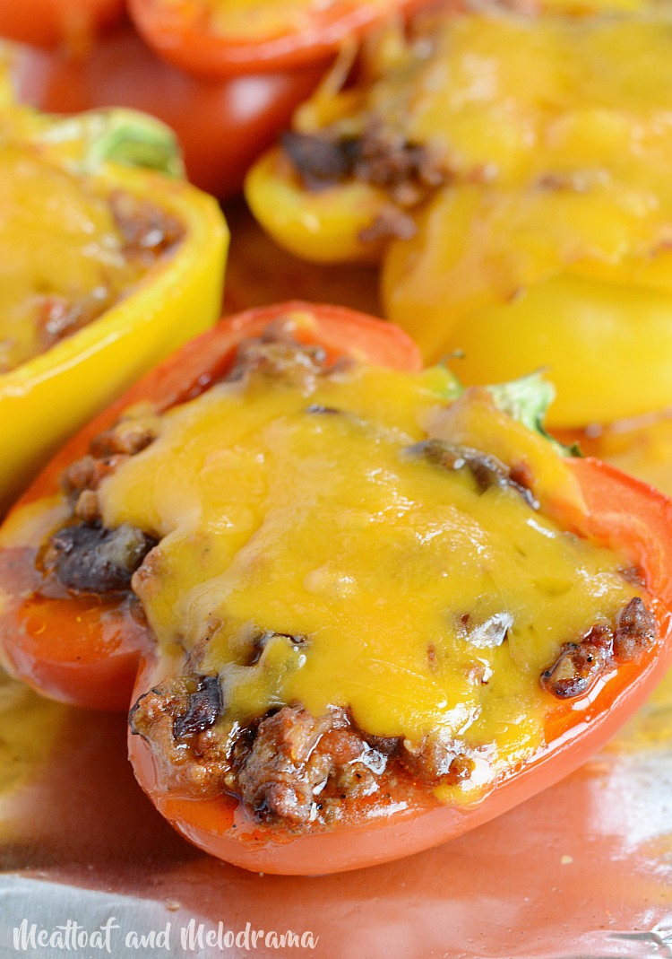leftover chili stuffed peppers on sheet pan