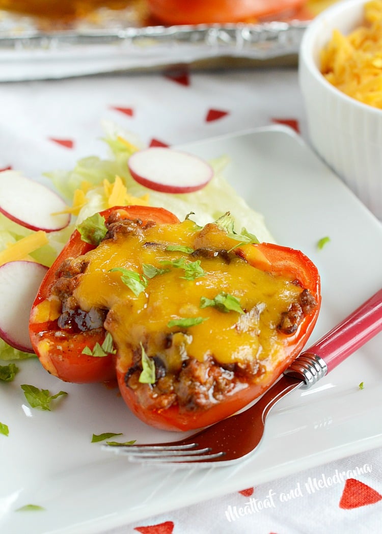 leftover chili stuffed bell peppers plated