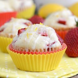 glazed lemon strawberry muffins with lemon sugar glaze