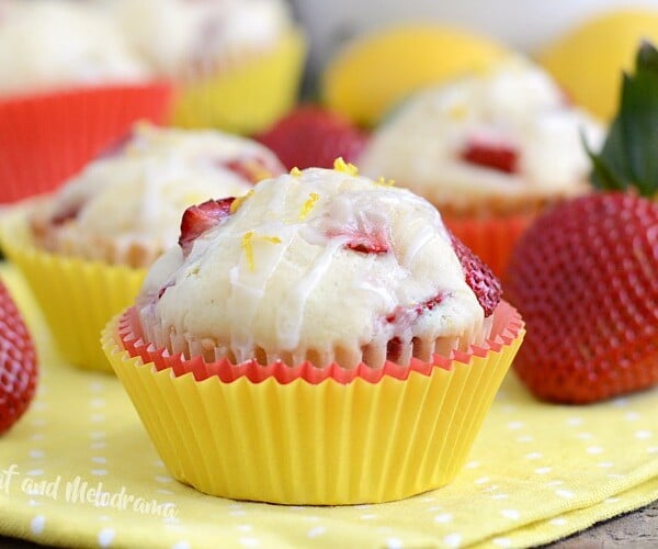 glazed lemon strawberry muffins with lemon sugar glaze
