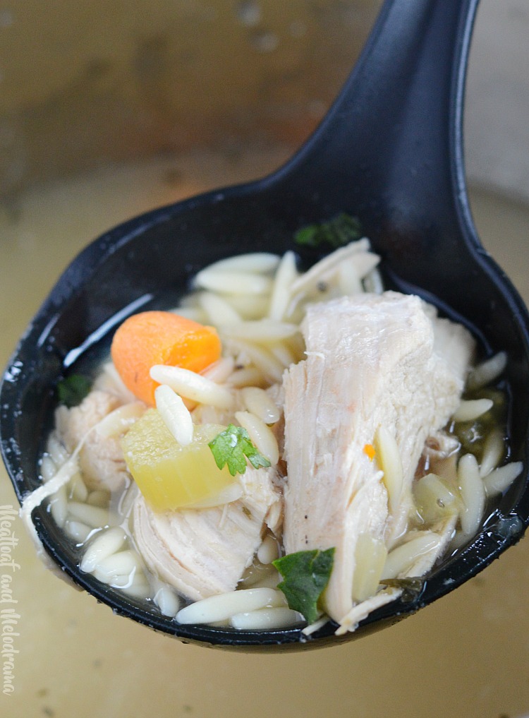 instant pot lemon chicken orzo soup in ladle