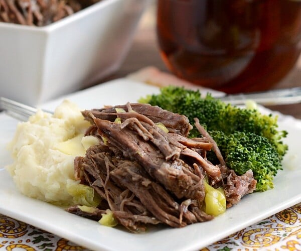 instant pot mississippi chuck roast on plate with mashed potatoes and broccoli
