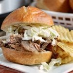 instant pot pulled pork sandwich with coleslaw and chips