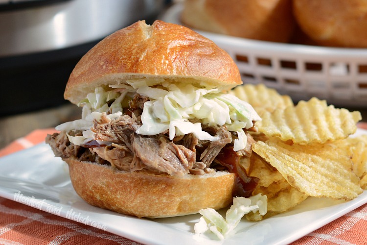 instant pot pulled pork sandwich with coleslaw and chips