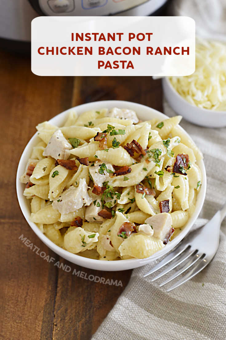 Instant Pot Chicken Bacon Ranch Pasta is an easy dinner made with chicken breasts, shell pasta and bacon in a creamy ranch dressing sauce. via @meamel