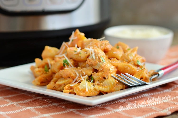 instant pot creamy chicken pasta shells on white plate