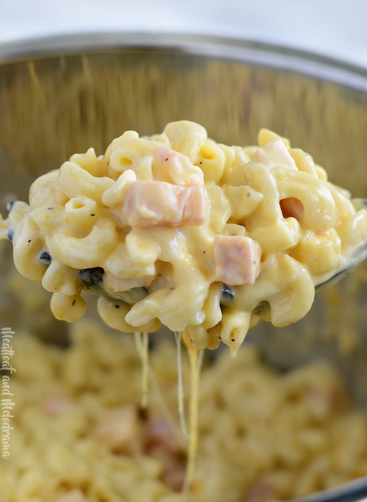 mac and cheese with ham on a spoon