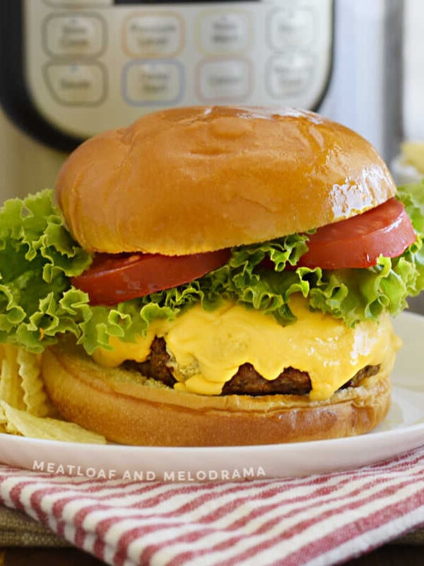 instant pot hamburger with melted cheese, lettuce and tomato slices on a bun with chips