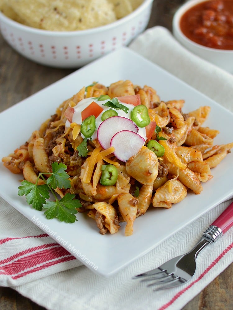 instant pot creamy taco pasta on square white plate