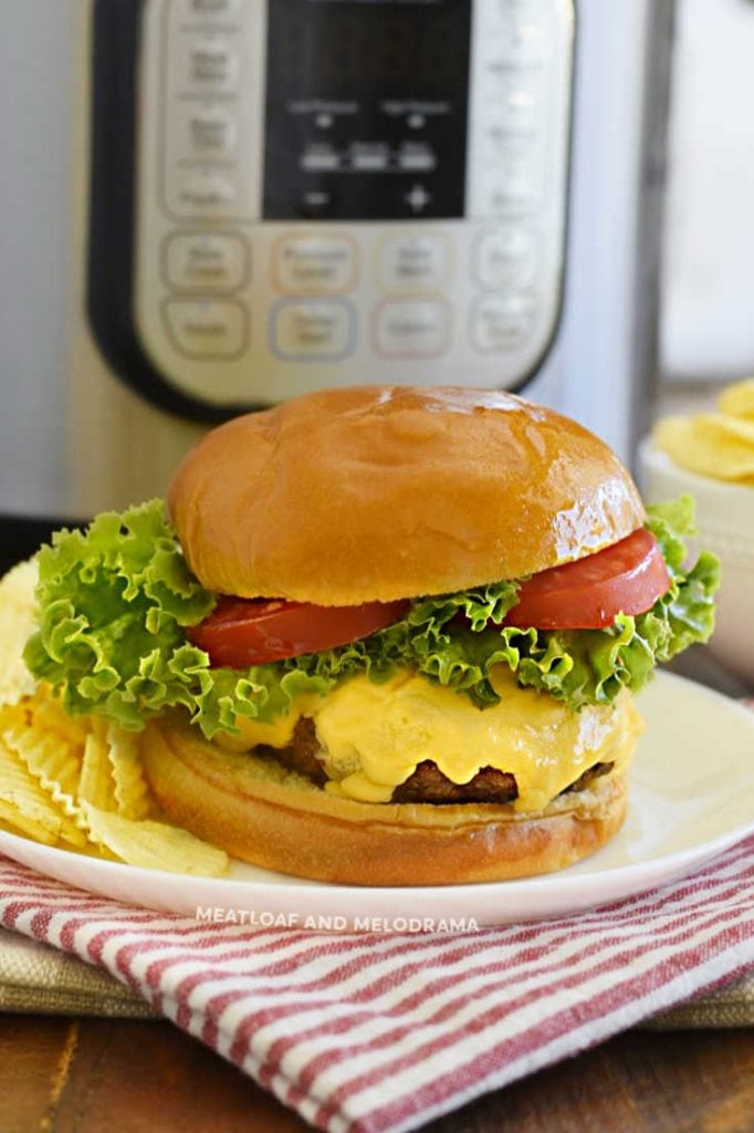 cheeseburger with lettuce and tomatoes on plate by a pressure cooker