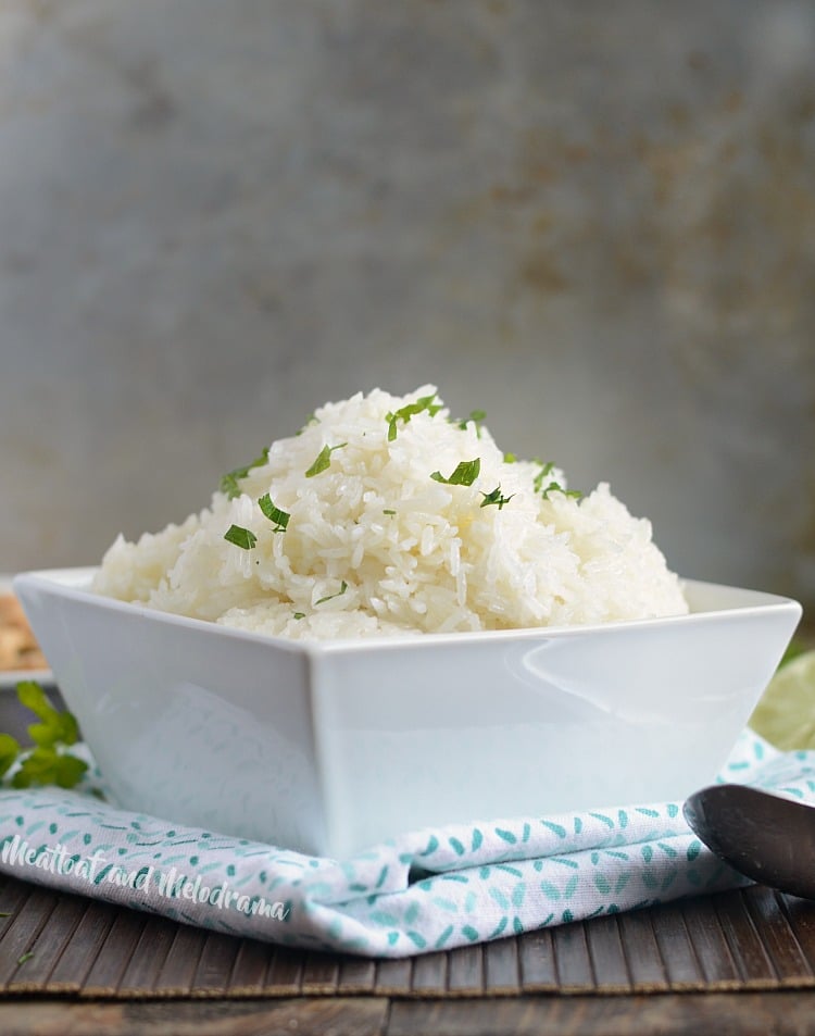 instant pot jasmine rice with cilantro in white bowl