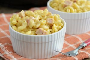 instant pot mac and cheese with ham in white ramekins
