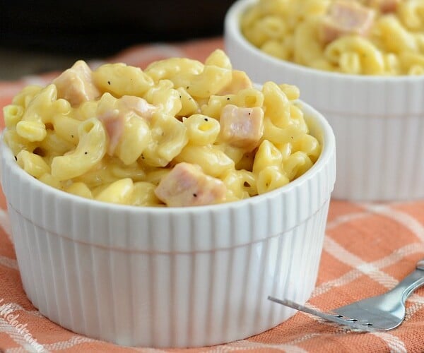 instant pot mac and cheese with ham in white ramekins