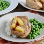 instant pot hawaiian bbq pork chops on plate with rice and peas