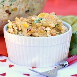 instant pot mexican street corn pasta salad in white serving bowl