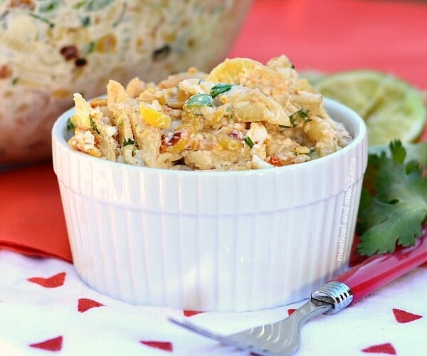 instant pot mexican street corn pasta salad in white serving bowl