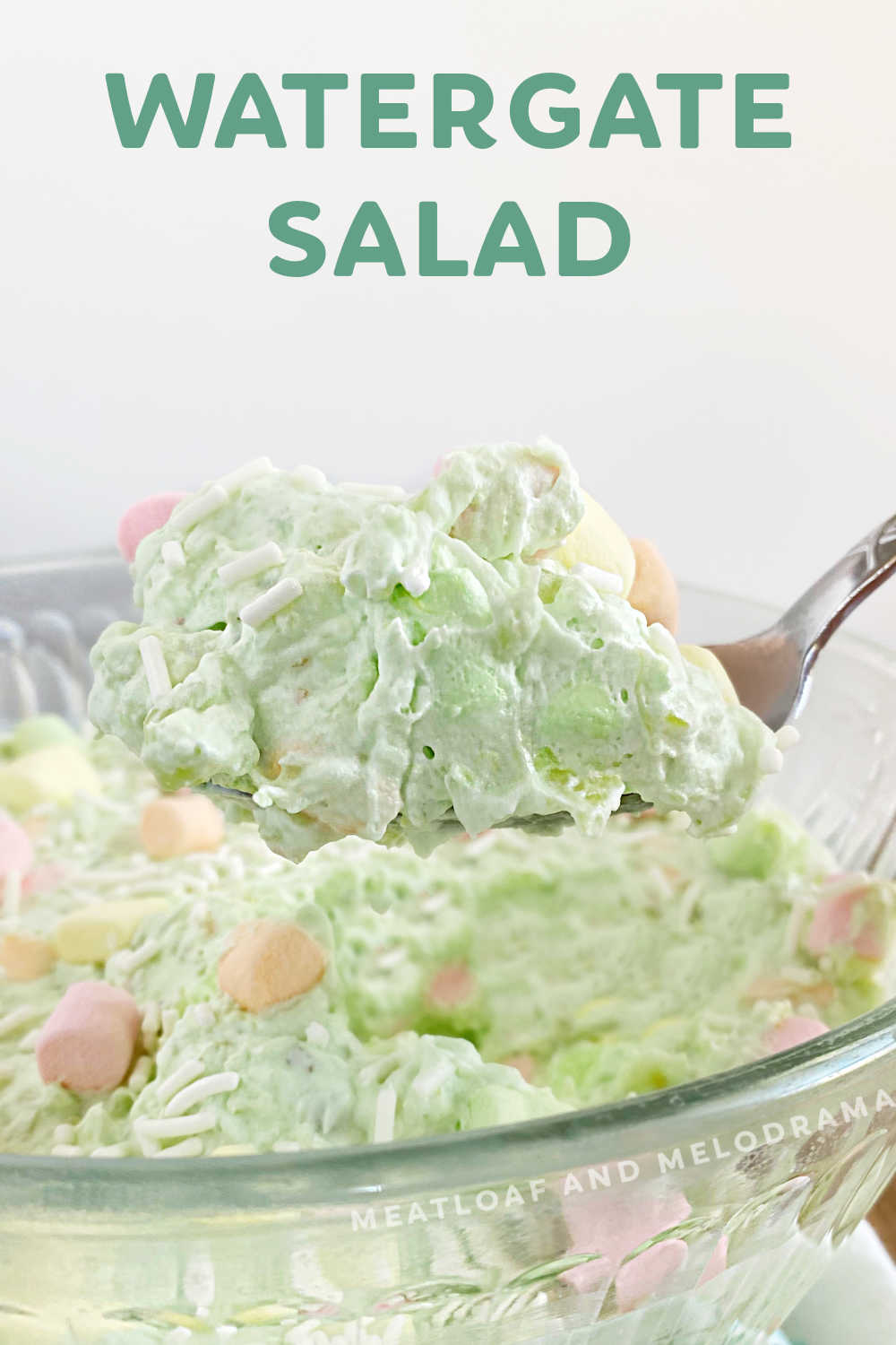 Pistachio Salad recipe, or Watergate Salad, made with pudding mix, Cool Whip, pineapple and marshmallows is fluffy, light and delicious! Serve as an easy side dish   or dessert salad for potlucks, parties, picnics or holidays. It's a classic retro recipe that's worth revisiting! via @meamel