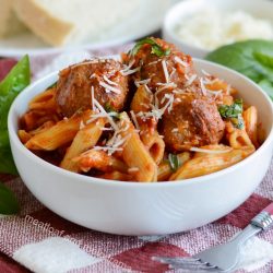 instant pot pasta and meatballs with basil