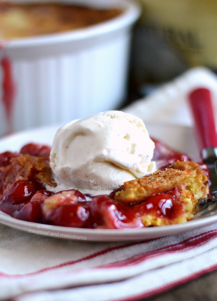 instant pot cherry dump cake with ice cream on plate