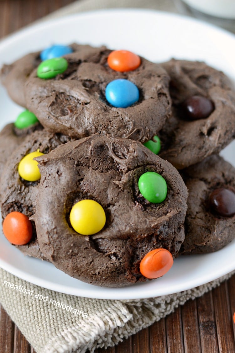 chocolate cake mix cookies with peanut butter m and ms on plate