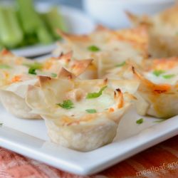 instant pot buffalo chicken cups made with wonton wrappers and chicken dip on plate