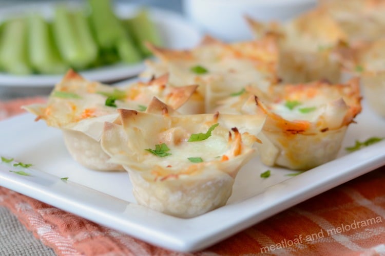 instant pot buffalo chicken cups made with wonton wrappers and chicken dip on plate