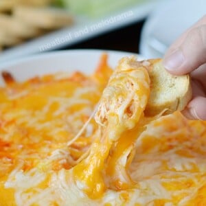 cheesy instant pot buffalo chicken dip on bread rounds