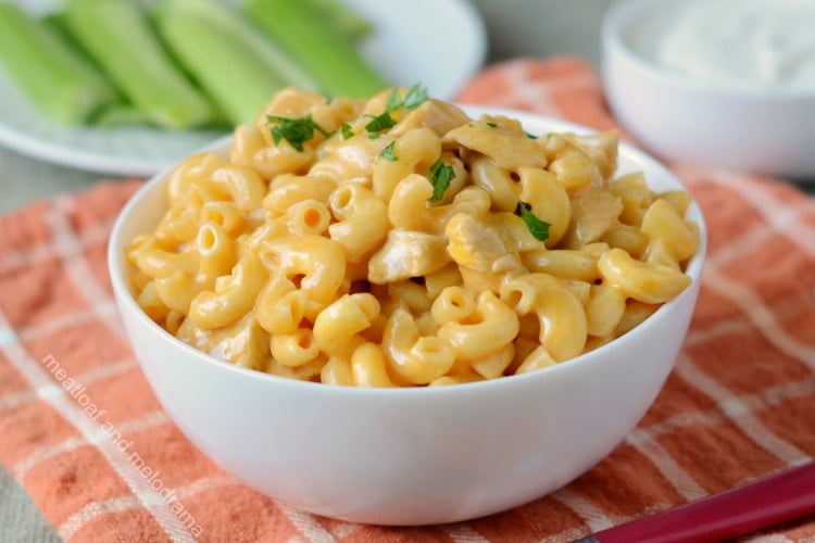 Instant Pot Buffalo chicken Mac and cheese in white bowl