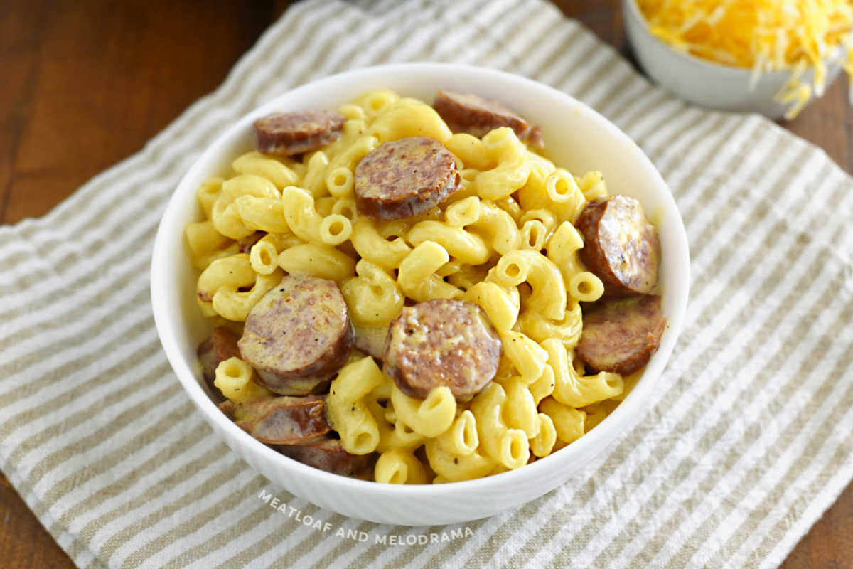 bowl of instant pot kielbasa mac and cheese