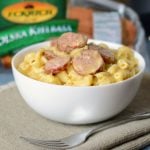 instant pot smoked sausage mac and cheese in a bowl with eckrich kielbasa