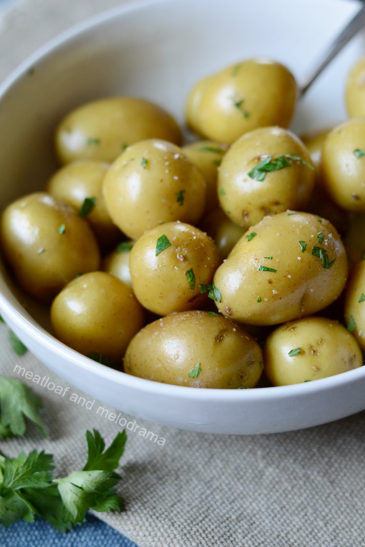 easy instant pot potatoes in white bowl with parsley