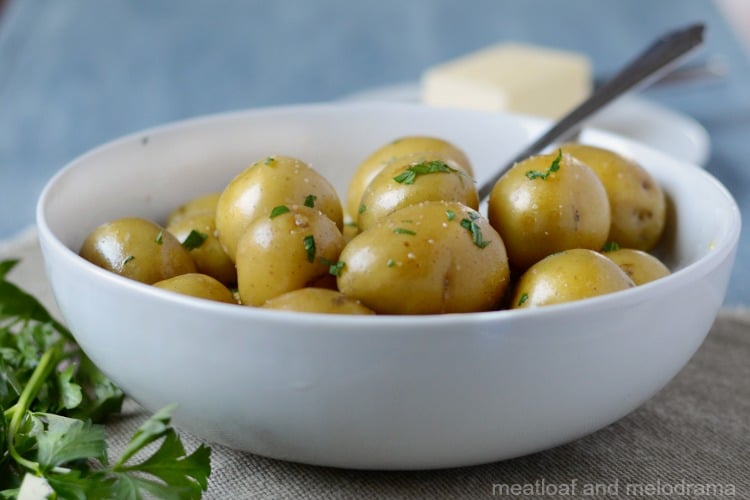 easy instant pot baby potatoes in white serving bowl