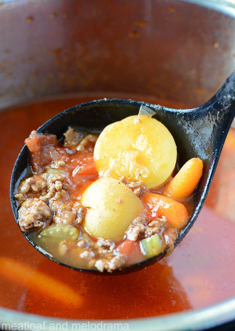 ground beef instant pot hamburger soup in ladle