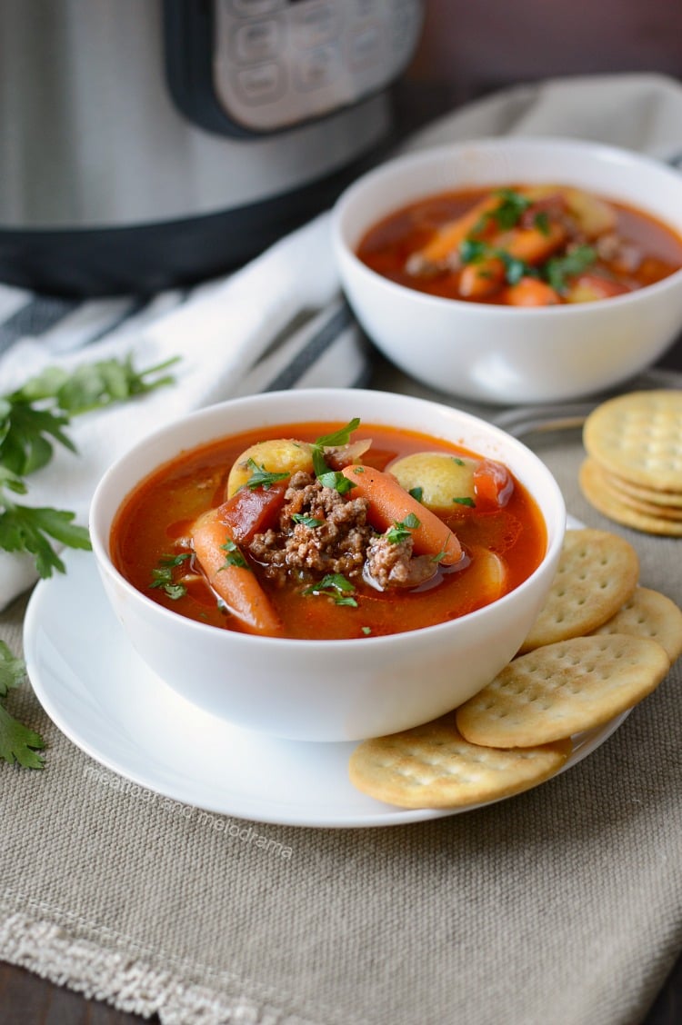 easy instant pot hamburger soup in white bowls