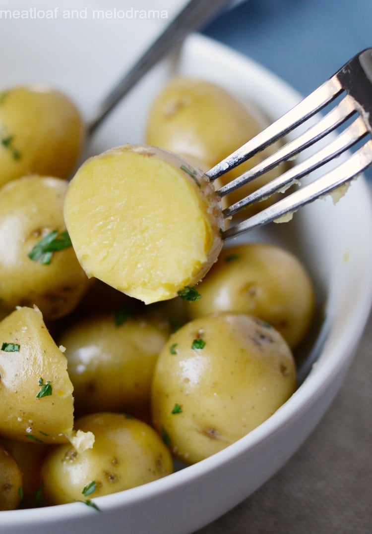 baby potatoe on fork