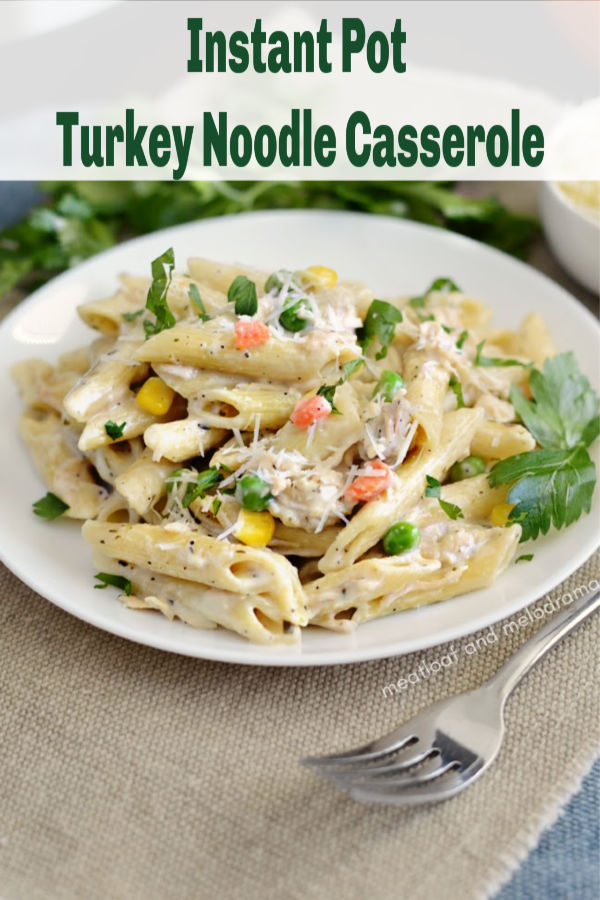 Instant Pot Turkey Noodle Casserole with leftover turkey and pasta in a creamy cheese sauce