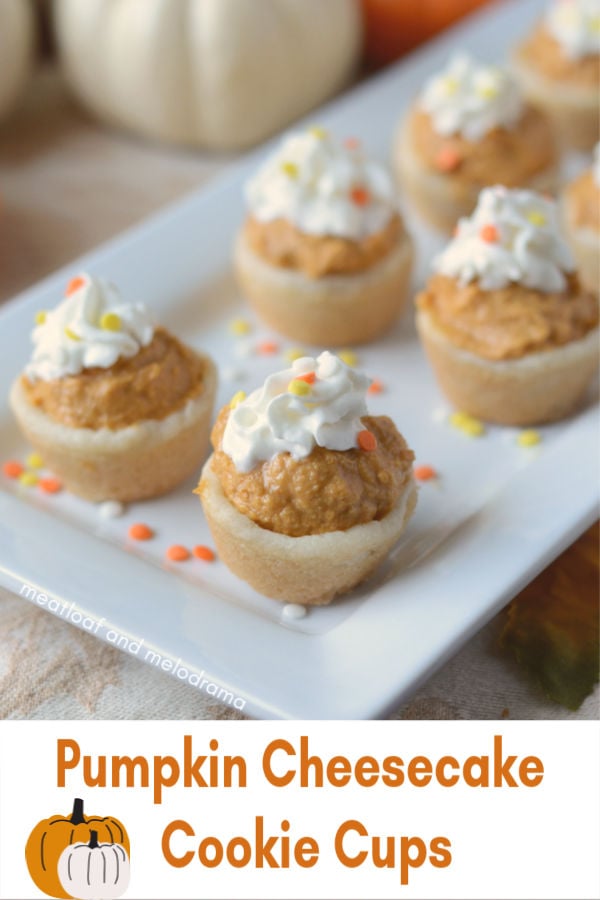 Pumpkin Cheesecake Cookie Cups made with no bake pumpkin cheesecake filling and sugar cookie dough crust for Thanksgiving dessert