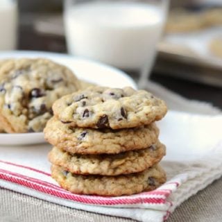 best oatmeal chocolate chip cookies stacked with milk