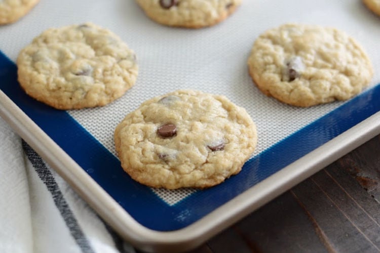 baked oatmeal chip cookies on baking tray