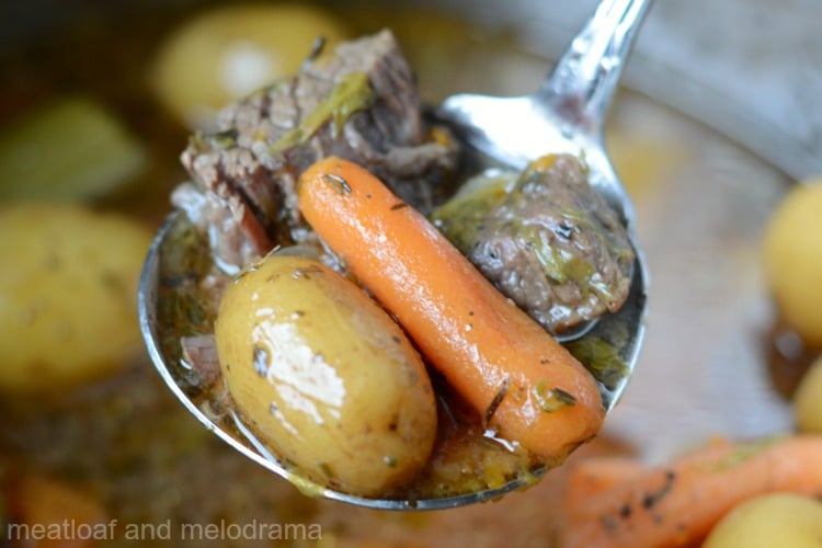 instant pot beef stew with potatoes and carrots in ladle 