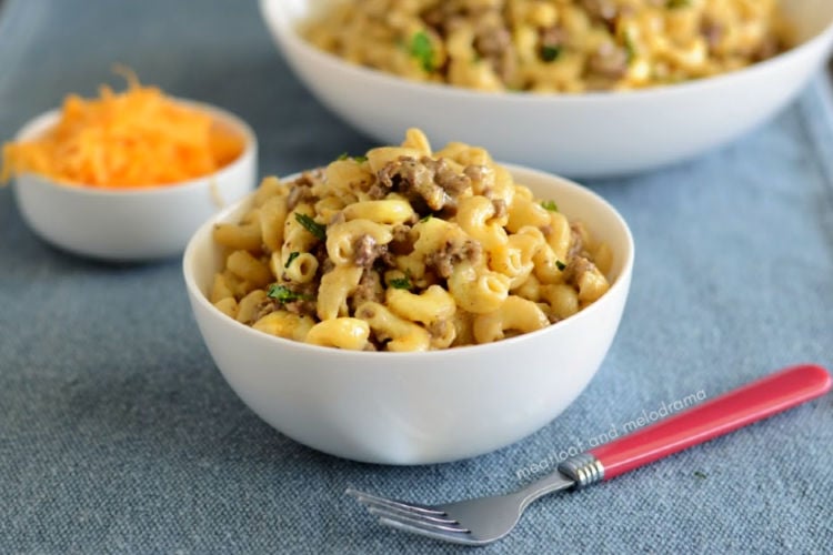 instant pot cheeseburger macaroni in white bowls